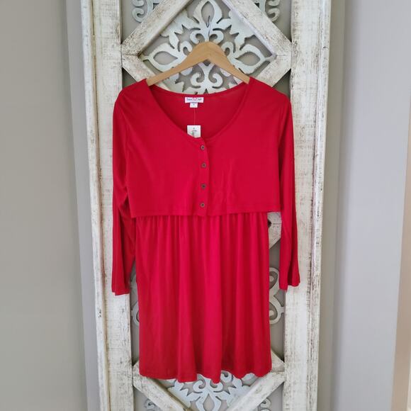 Times Two Maternity 3/4 Sleeve Layered Button Front Nursing Tunic Top in Red - Picture 7 of 8